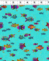 Oceania Fish by-the-yard - Aqua/Gold Metallic