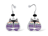Cat Face Drop Earrings - Purple