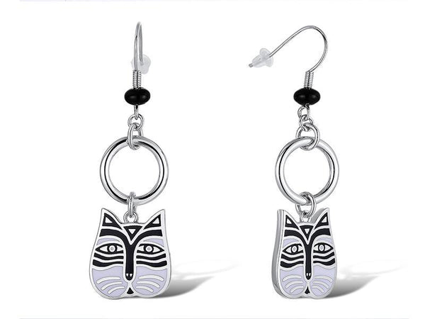 Cat Face Drop Earrings - Silver