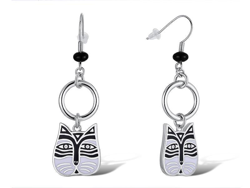 Cat Face Drop Earrings - Silver