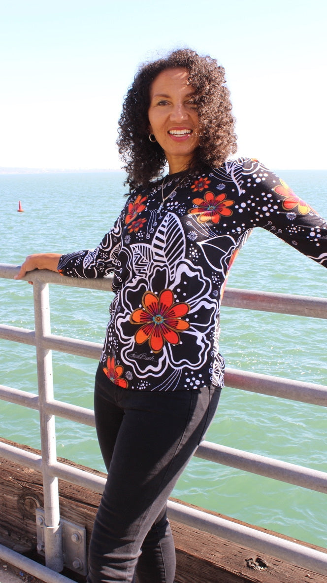 Black-White-Bright Floral Women's T-Shirt - 3/4 Sleeve