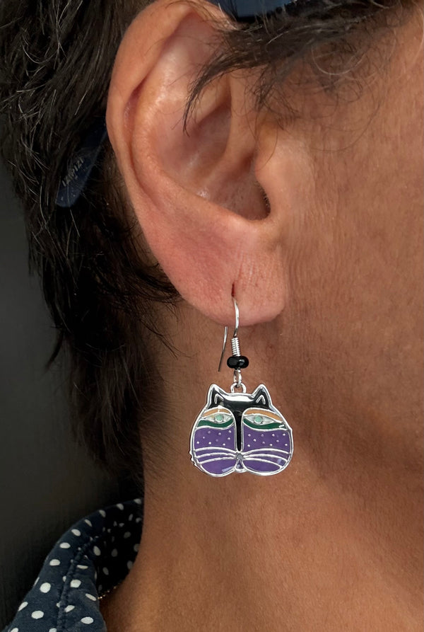 Cat Face Drop Earrings - Purple