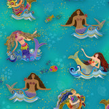 Oceania Mermaids by-the-yard - Teal/Gold Metallic