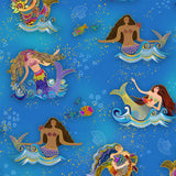 Colorful mermaid pattern on a blue background