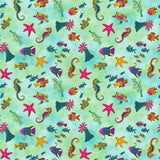 Oceania Sealife by-the-yard - Turquoise/Gold Metallic