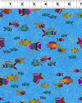 Oceania Fish by-the-yard - Blue/Gold Metallic