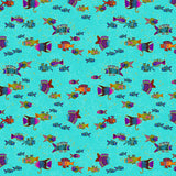 Pattern of colorful fish on a turquoise background