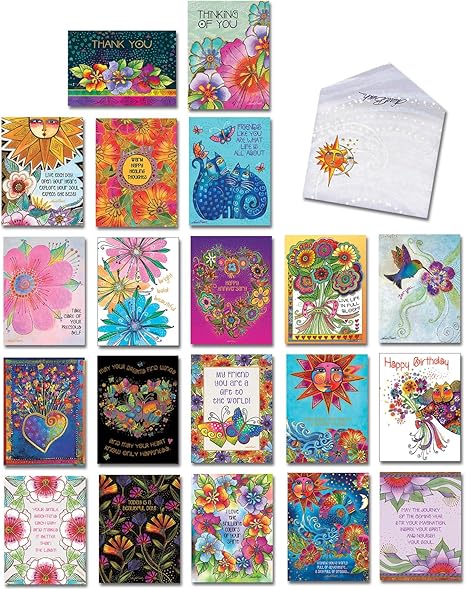 Brilliant Colors of Laurel Greeting Cards Set - 20 Cards & Envelopes - Laurel Burch Studios