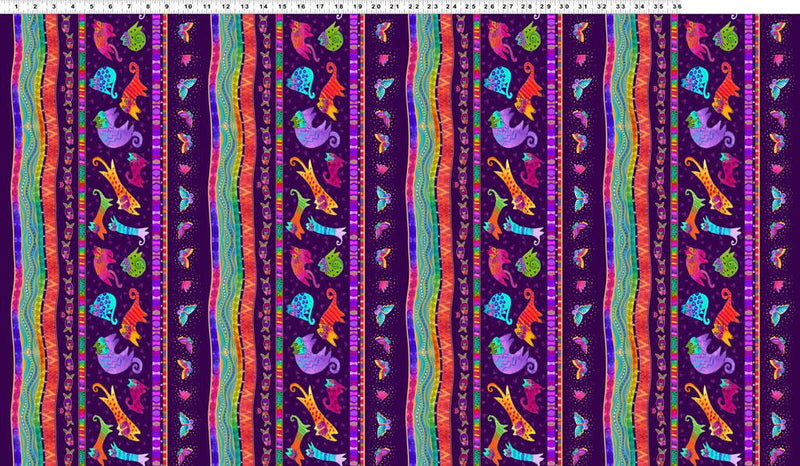 Fantasticats Pictorial Stripe by - the - yard - Dark Purple - Laurel Burch Studios