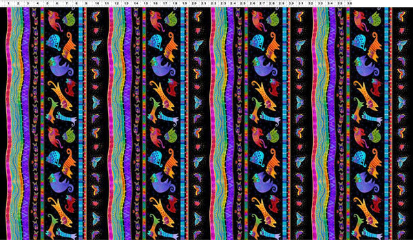 Fantasticats Pictorial Stripe by - the - yard - Multi/Black - Laurel Burch Studios