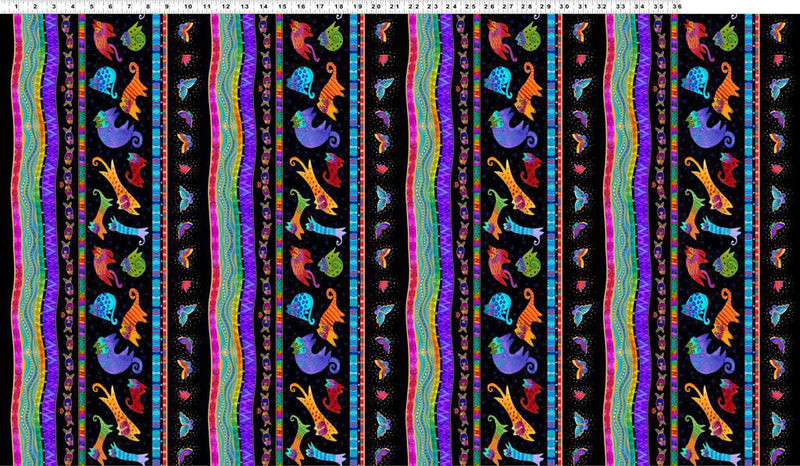 Fantasticats Pictorial Stripe by - the - yard - Multi/Black - Laurel Burch Studios