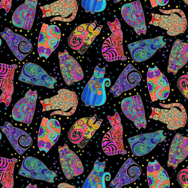 Fantasticats Tossed Cats - by - the - yard Black Metallic - Laurel Burch Studios