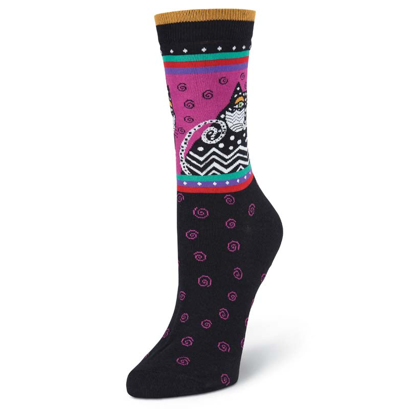 Women's Polka Dot Cat Crew Socks - Black-Women's Socks-K. Bell Socks-Laurel Burch Studios