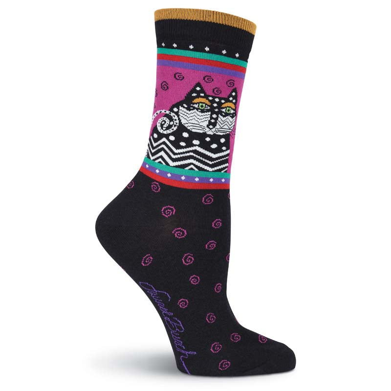 Women's Polka Dot Cat Crew Socks - Black-Women's Socks-K. Bell Socks-Laurel Burch Studios