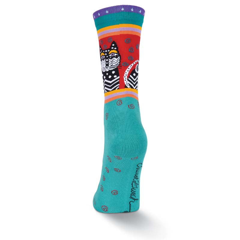 Women's Polka Dot Cat Crew Socks - Turquoise-Women's Socks-K. Bell Socks-Laurel Burch Studios