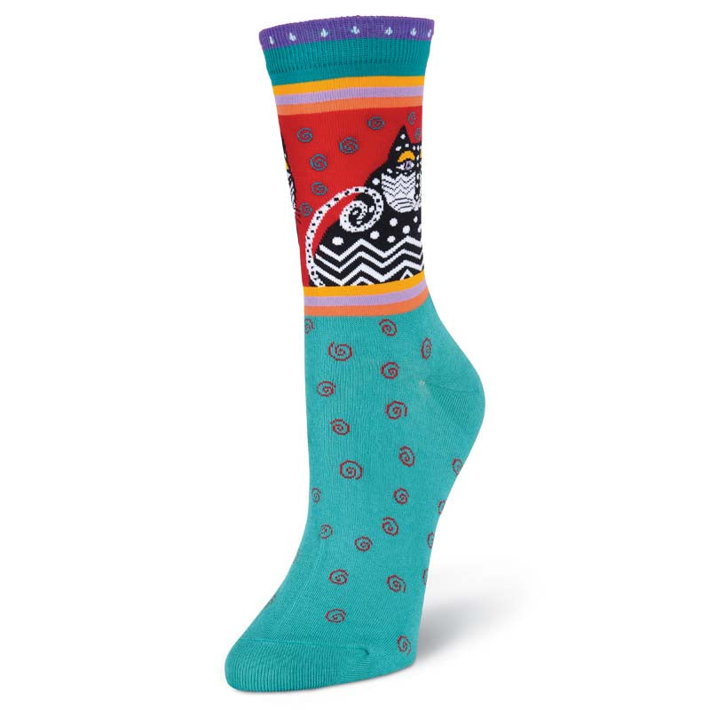Women's Polka Dot Cat Crew Socks - Turquoise-Women's Socks-K. Bell Socks-Laurel Burch Studios
