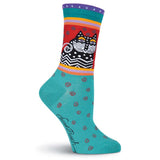 Women's Polka Dot Cat Crew Socks - Turquoise-Women's Socks-K. Bell Socks-Laurel Burch Studios