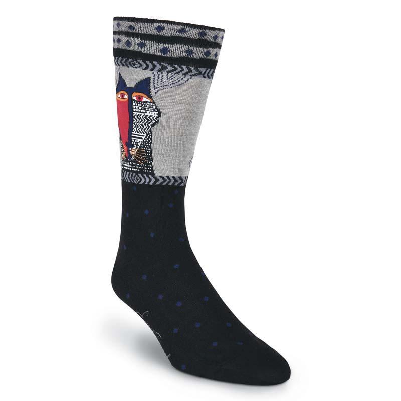 Men's Native Cat Crew Socks - Black-Men's Socks-K. Bell Socks-Laurel Burch Studios