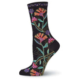 Women's Wild Flowers Crew Socks - Black-Women's Socks-K. Bell Socks-Laurel Burch Studios