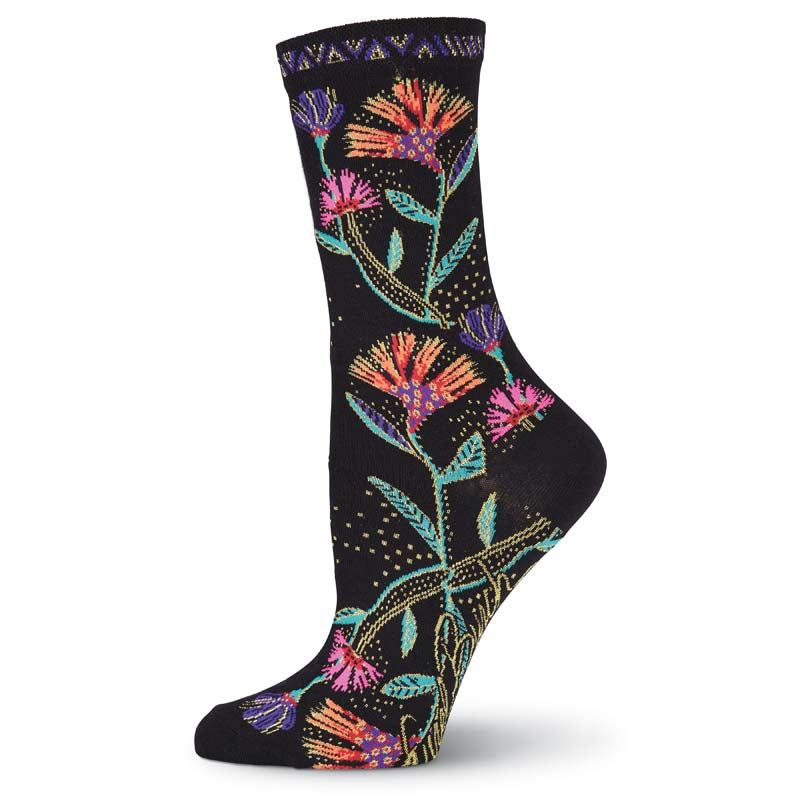 Women's Wild Flowers Crew Socks - Black-Women's Socks-K. Bell Socks-Laurel Burch Studios