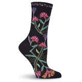 Women's Wild Flowers Crew Socks - Black-Women's Socks-K. Bell Socks-Laurel Burch Studios