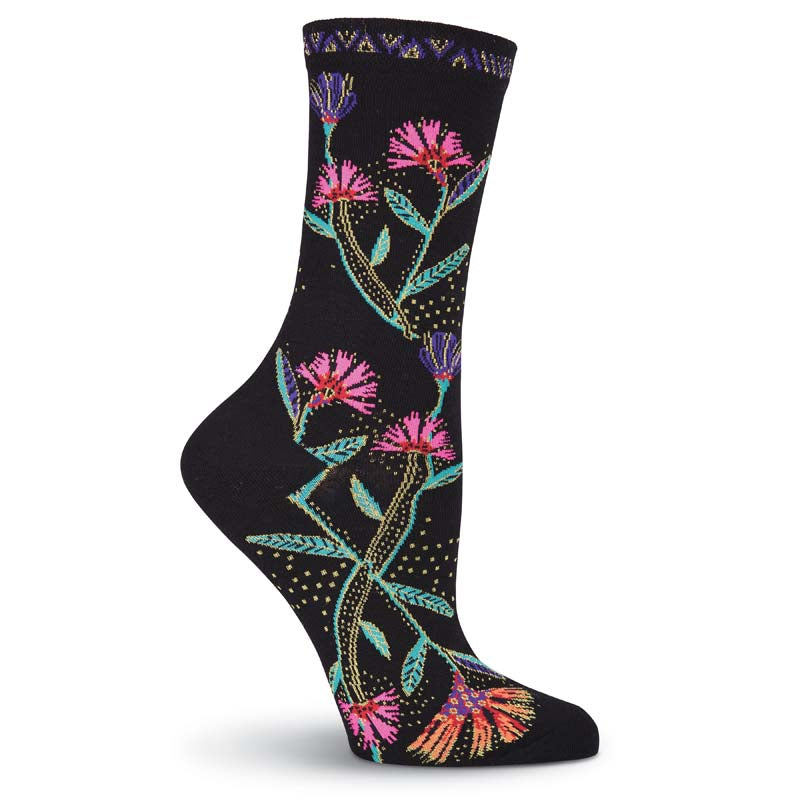 Women's Wild Flowers Crew Socks - Black-Women's Socks-K. Bell Socks-Laurel Burch Studios