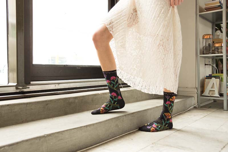 Women's Wild Flowers Crew Socks - Black-Women's Socks-K. Bell Socks-Laurel Burch Studios
