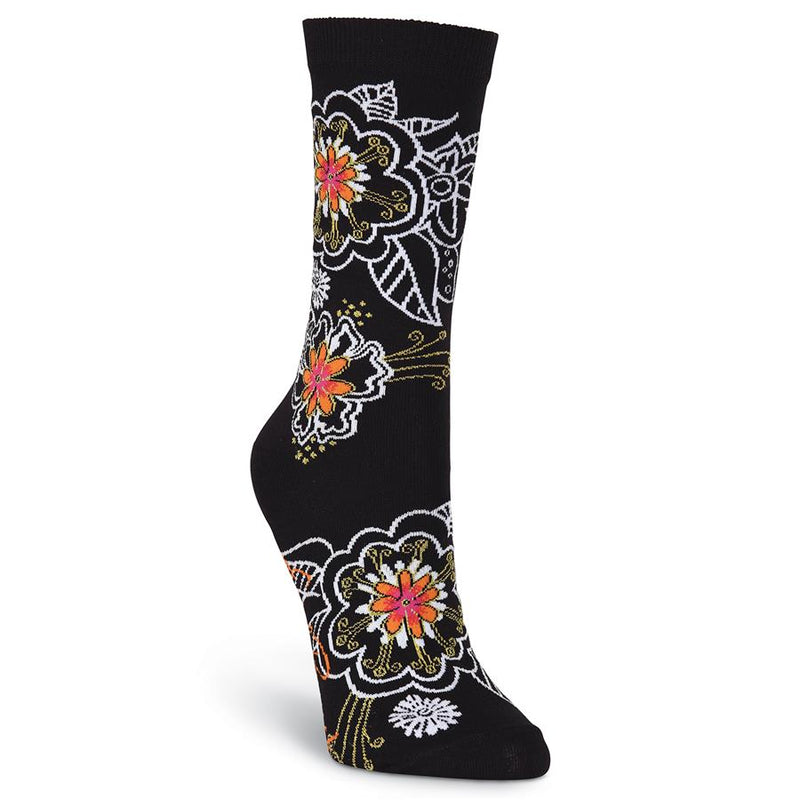 Women's White on Black Orange Floral Socks Women's Socks Laurel Burch Studios - Laurel Burch Studios