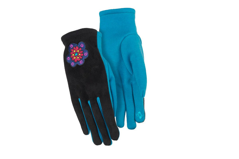 Blossom Embroidered Touchscreen Gloves - Black/Teal - Laurel Burch Studios