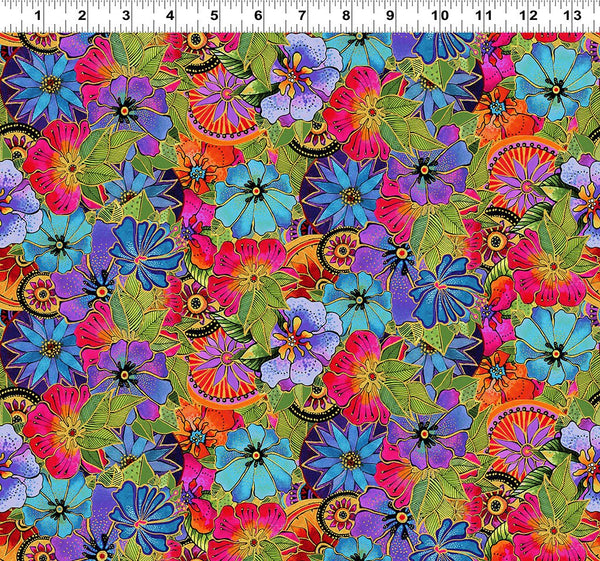 Earth Song Packed Floral By-the-Yard - Multi Metallic - Laurel Burch Studios
