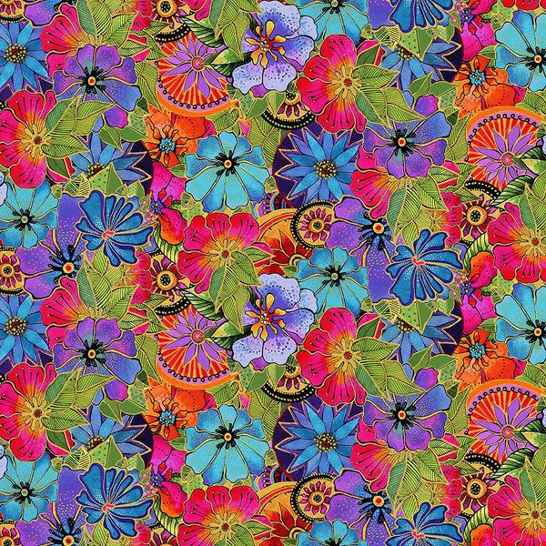 Earth Song Packed Floral By-the-Yard - Multi Metallic - Laurel Burch Studios