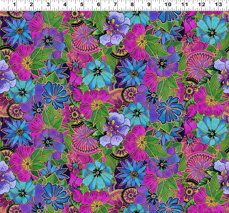 Earth Song Packed Floral By-the-Yard - Purple Metallic - Laurel Burch Studios
