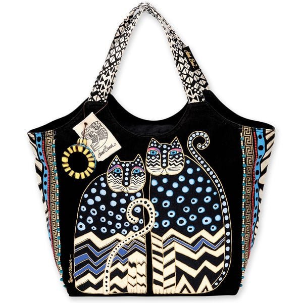 Polka Dot Gatos Large Scoop Tote - Black - Laurel Burch Studios