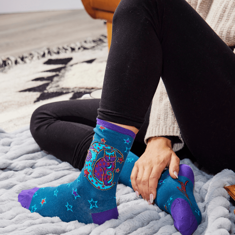 Women's Moonside Cat Crew Socks - Teal - Laurel Burch Studios